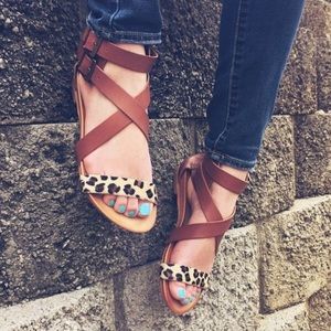 Genuine Leather/Cow Hair Cognac Gladiator Sandals
